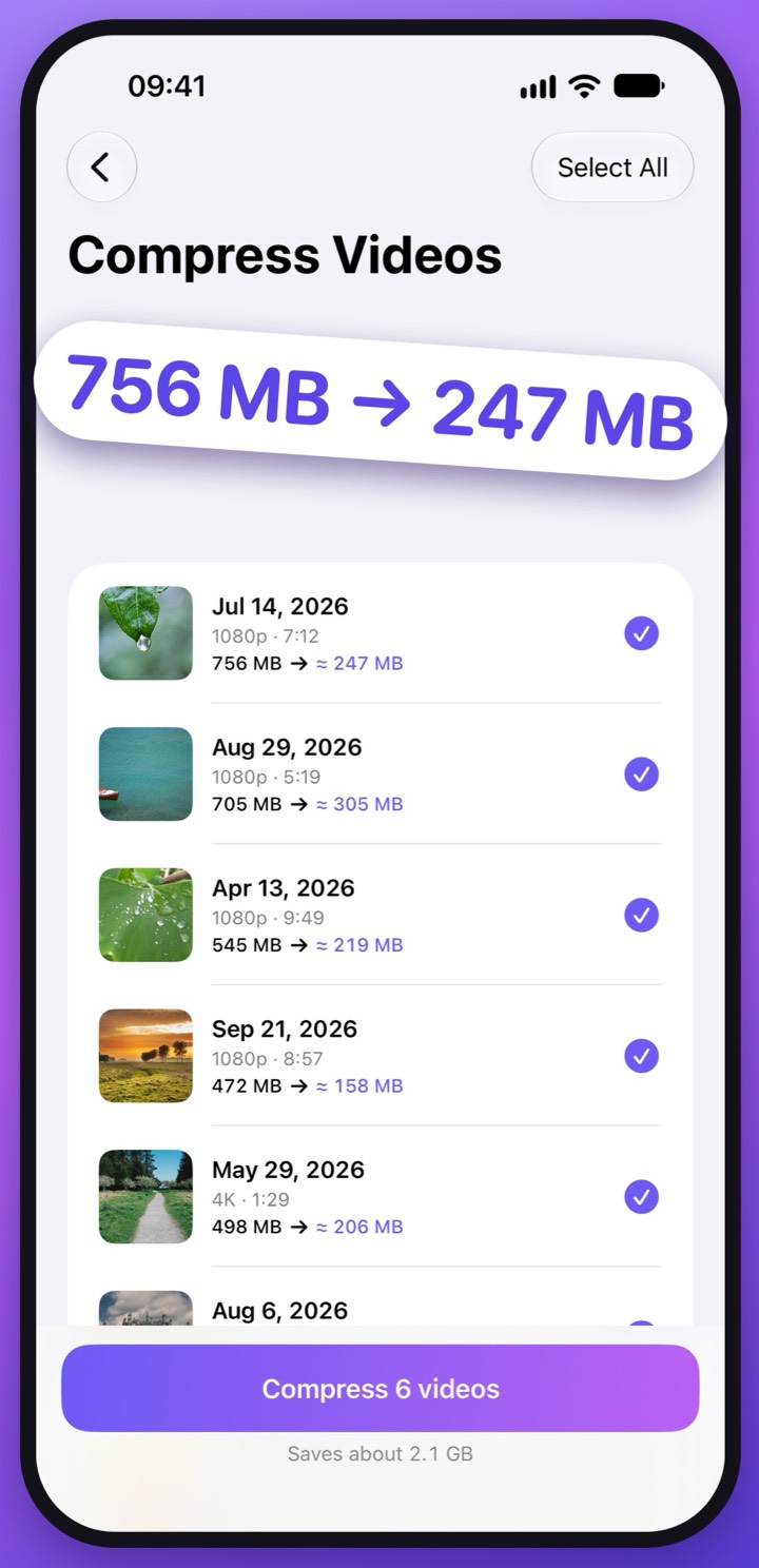 Compress Videos showing a 756 MB video reduced to about 247 MB