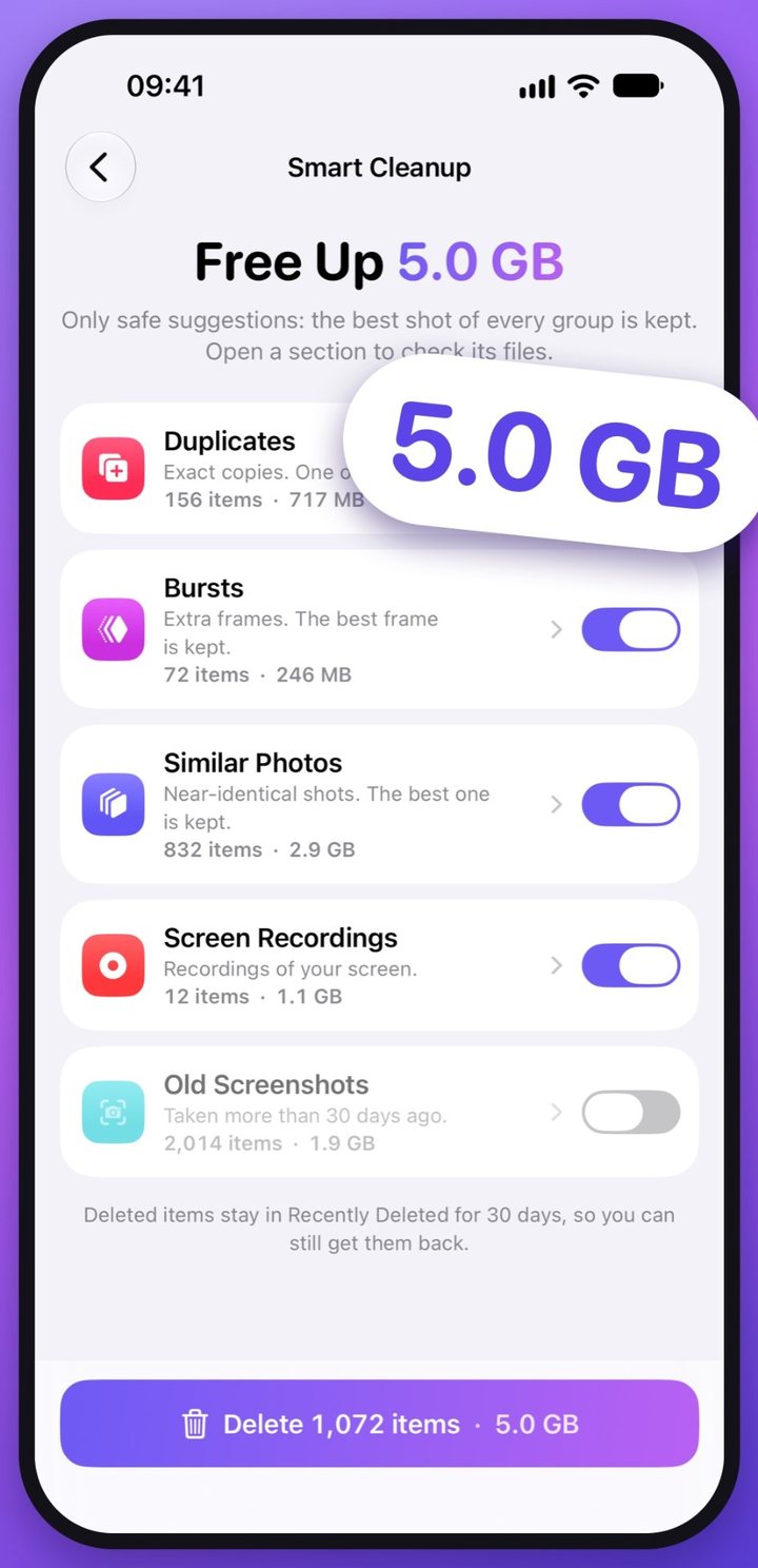 Smart Cleanup screen in Gigabye ready to free up 5.0 GB